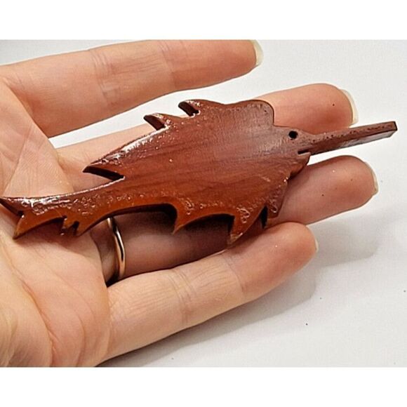 Vintage 70s Wooden Flying Fish Brooch pin 4in - Picture 1 of 2